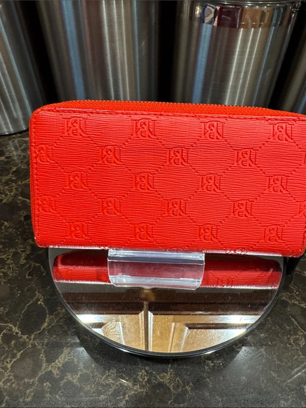 Badgley Mischka Red Zip Wallet with Embossed Logo zipper pull replaced